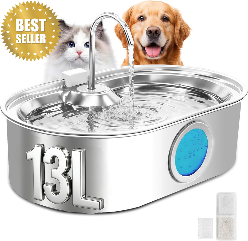 13L Large Dog Water Fountain Stainless Steel, Pet Waterbowl with Deeper & Wider