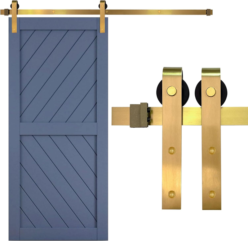 Gold Barn Door Hardware Kit Length up to 6FT Sliding Door Hardware 72In Track Modern Barn Interior Gold Barn Luxury Brushed Brass Panel Hardware for 1 Door - 6Ft - NO Door