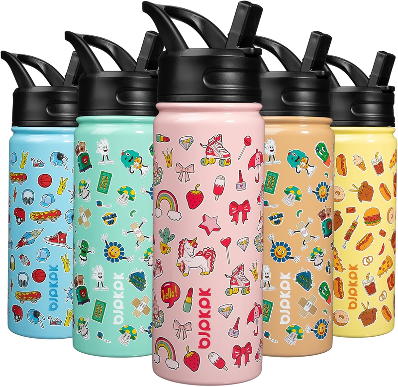 With Straw Lid, 18oz Stainless Steel Metal Water Bottles,