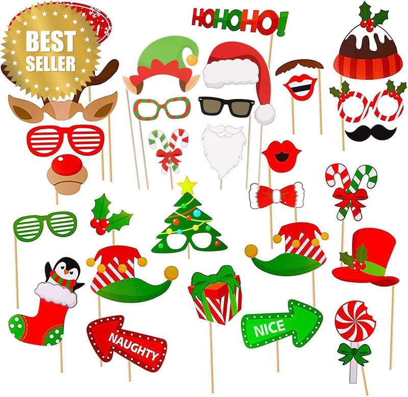 Christmas Photo Booth Props Kit - 32 Reusable Fun Party Props for Adults & Kids,