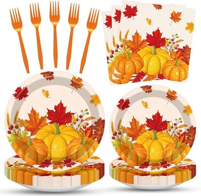 Fall Pumpkin Maple Disposable Tableware Party Supplies Set Serves 25