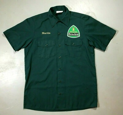 Dickies GREEN Button Up Mechanic Shirt Embroidered w/ HEINEKEN Patch Size Med. 