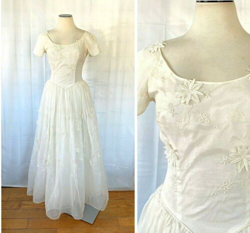 Vintage Wedding Dress Gown 1950s 1960s Bride White Ivory Formal Maxi 34 S M 