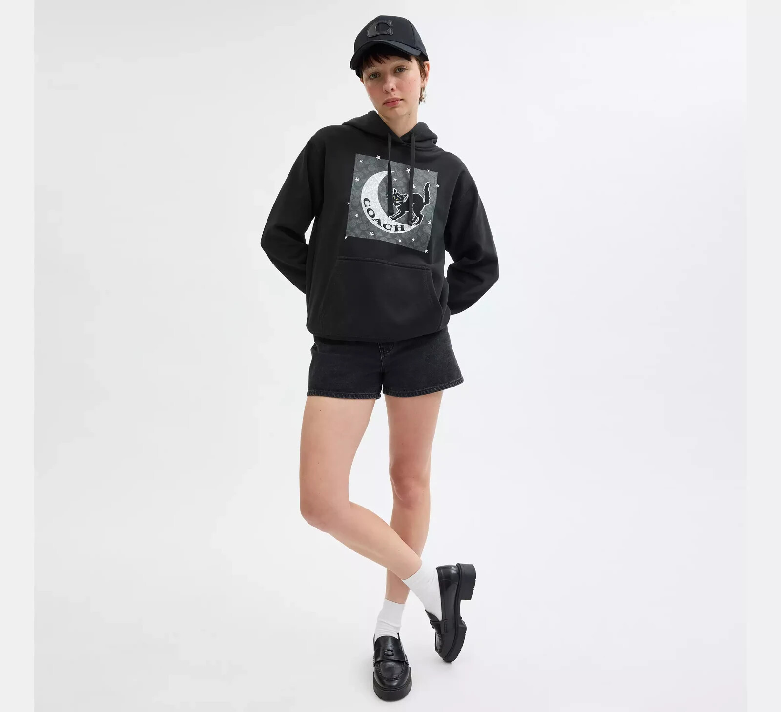 COACH Black Cat Moon Signature Square Hoodie Women Extra