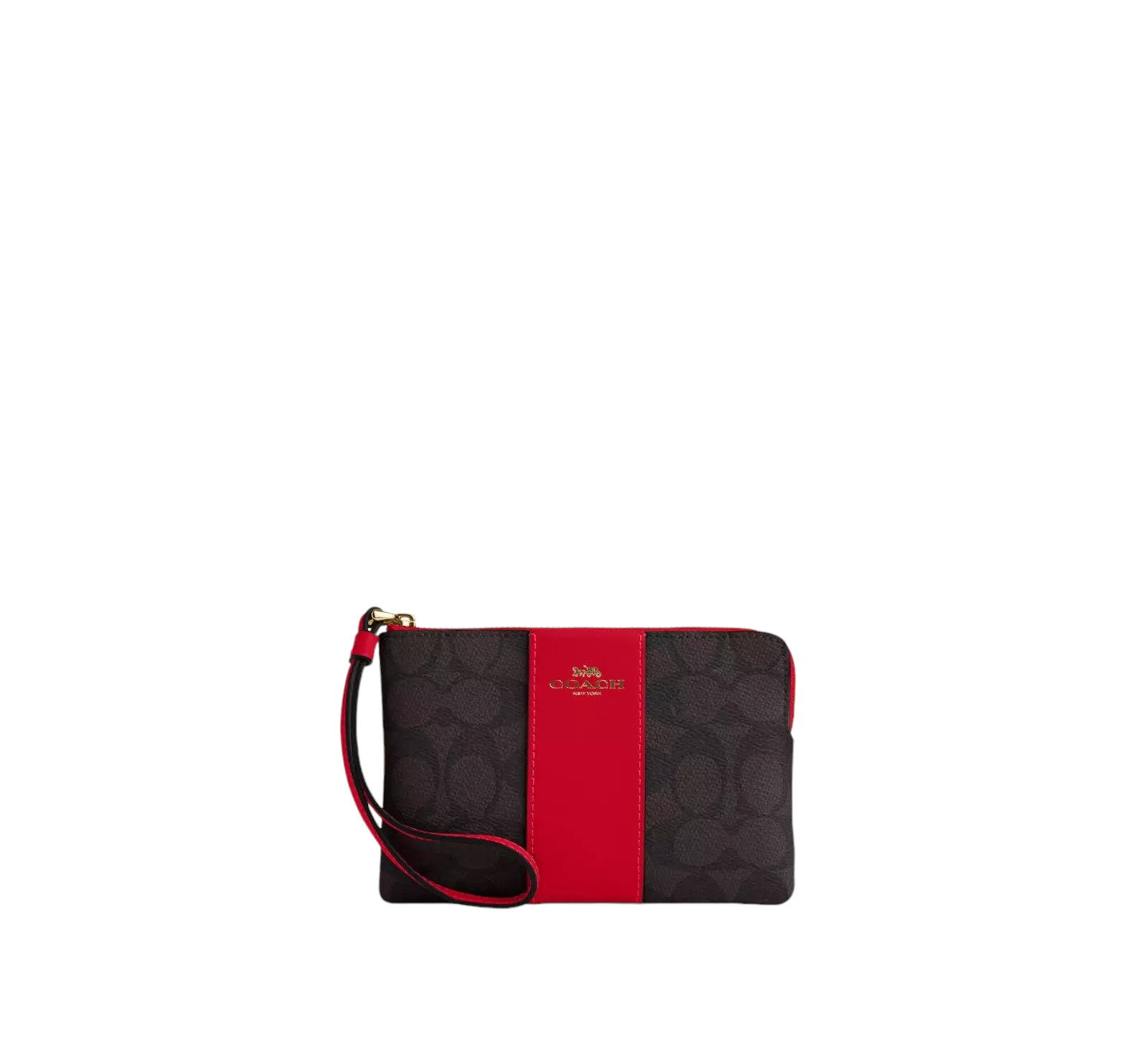 Coach Corner Zip Wristlet In Signature Canvas Brown / Red 58035