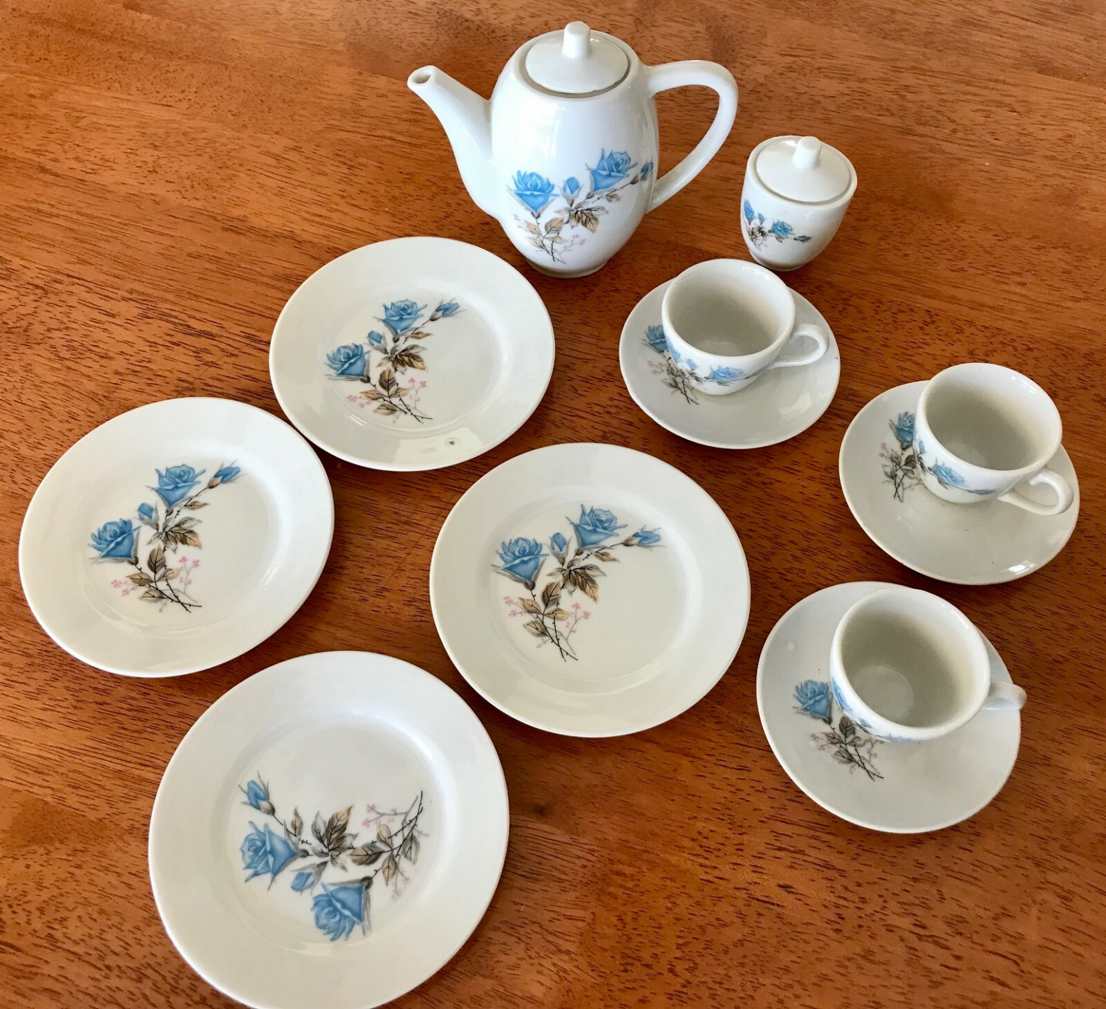 Vintage Miniature Tea Set, Blue Floral, Teapot, cups, saucers, plates, sugar bow