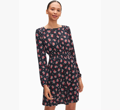 Kate Spade Seaside Blooms Long Sleeve Smocked Waist Knit Dress Navy Floral S/M