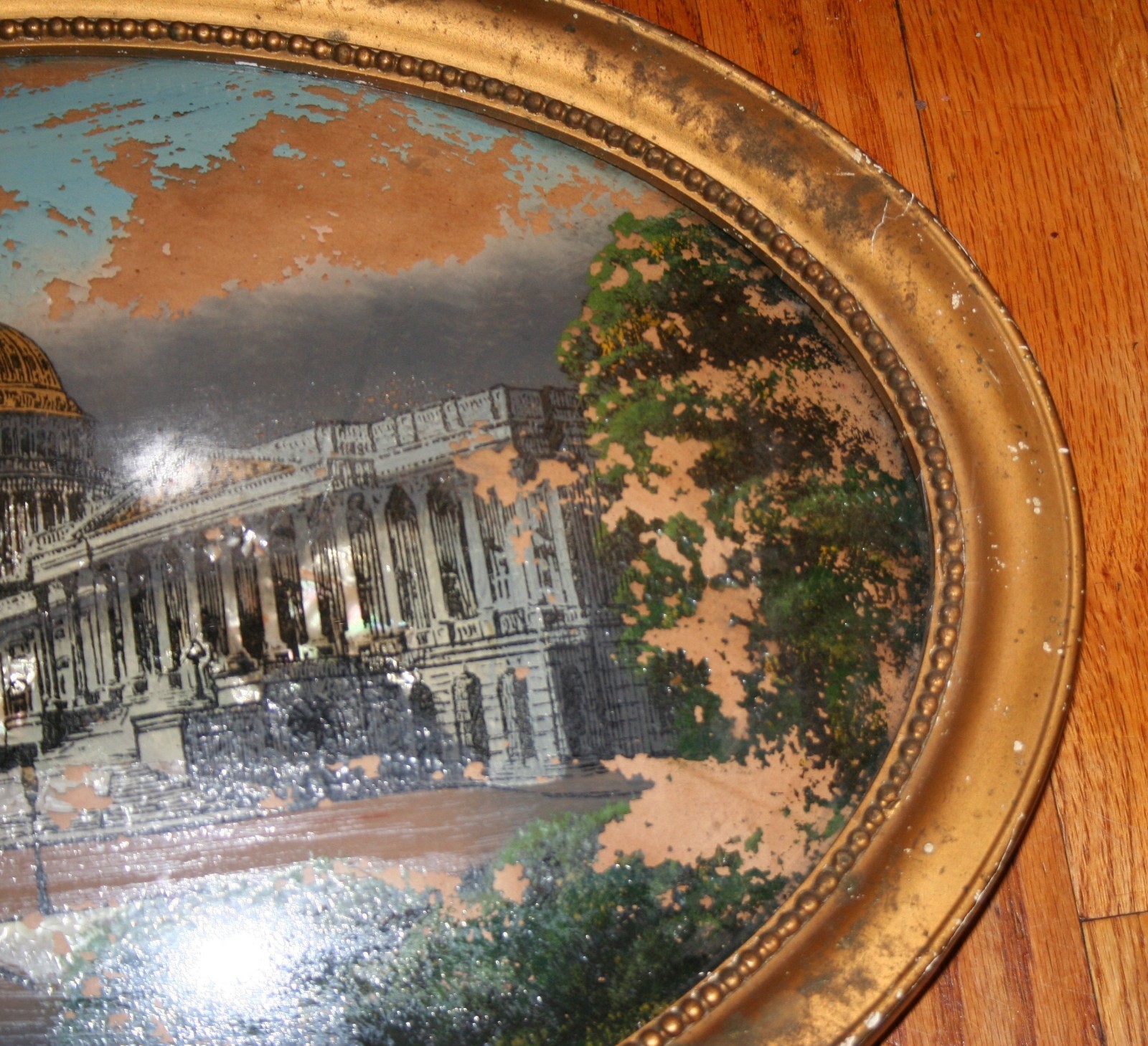 Antique Reverse Painting Convex Glass Frame 22x16 AS IS