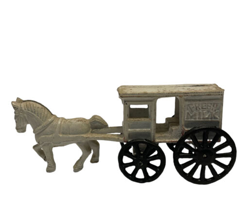 Vintage Cast Iron Horse Drawn Carriage Wagon FRESH MILK Toy Me...