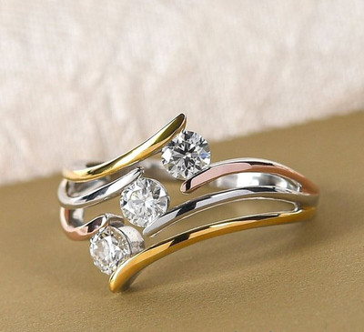 14K White Gold Plated 1 Carat Three-Tone Moissanite Three Stone Engagement Ring