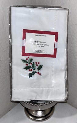 4-NWT WILLIAM SONOMA EMBROIDERY CHRISTMAS HOLIDAY HOLLY DESIGN TABLE NAPKINS SET