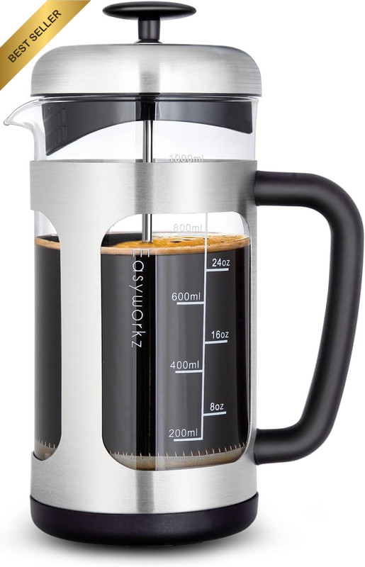 Stainless Steel French Press 1000 Ml Coffee Tea Maker with Borosilicate Glass, S