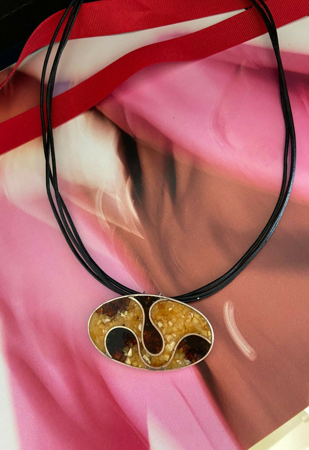 Pre-owned Picasso Amber Pendant  Style Multi-color On Leather Cord In Multicolor