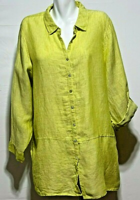 Tahari Women Lt Mustard Green Linen Blouse Top Tunic Shirt 1X Plus Size New NWT