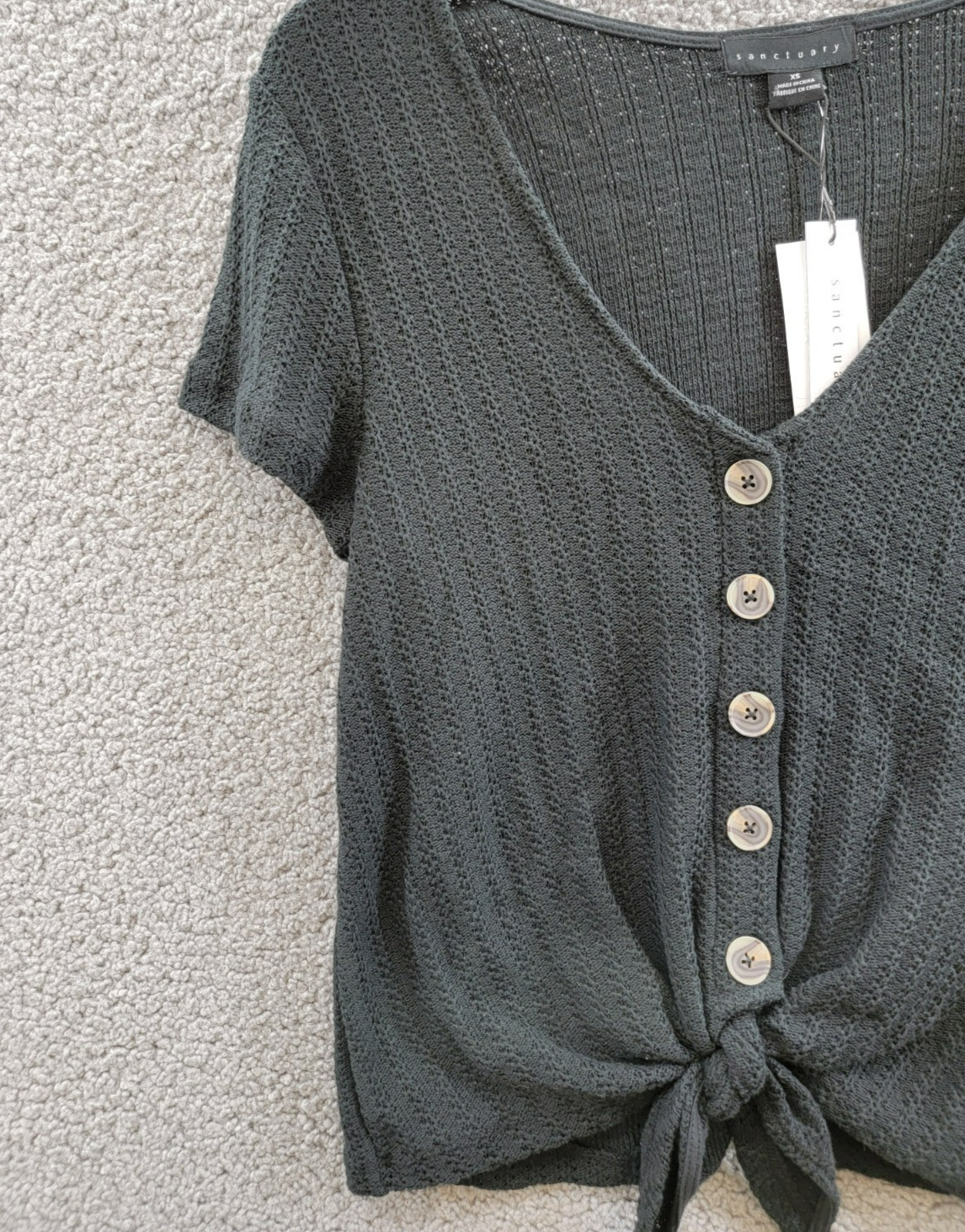 Sanctuary By My Side Tie-Front Pointelle Tee Women's XS Black Vneck Short Sleeve - Picture 5 of 17