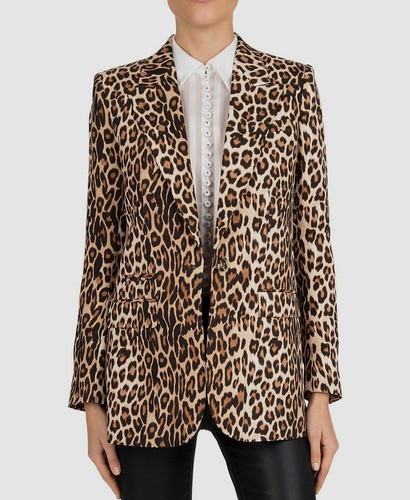 Pre-owned The Kooples $745  Women's Brown Leopard-print One-button Suit Jacket Blazer Us 4