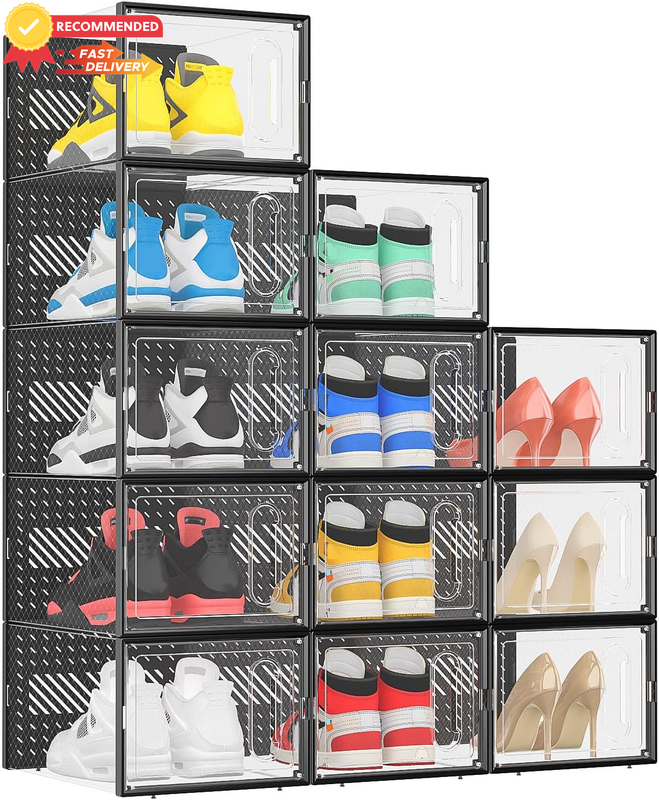 XL Shoe Organizer 12-Pack, Clear Stackable Sneaker Storage Boxes - Black