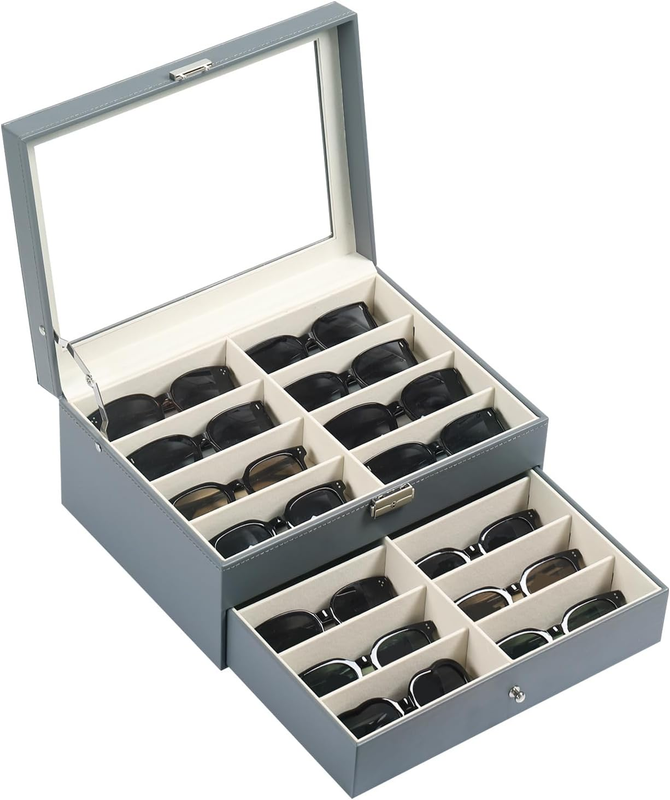 Leather 16 Piece Eyeglasses Storage and Sunglass Glasses Display Drawer Lockable