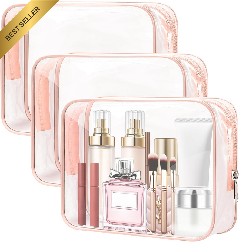 TSA Clear Toiletry Bag -3 Pack Clear Makeup Bag Quart Size Bags,  Travel Makeup 