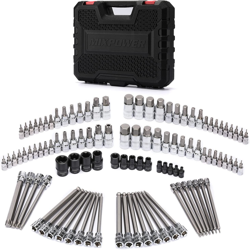107 Piece 1/4 Inch, 3/8 Inch & 1/2 Inch Drive Bit Socket Set, Torx/Extra Long To