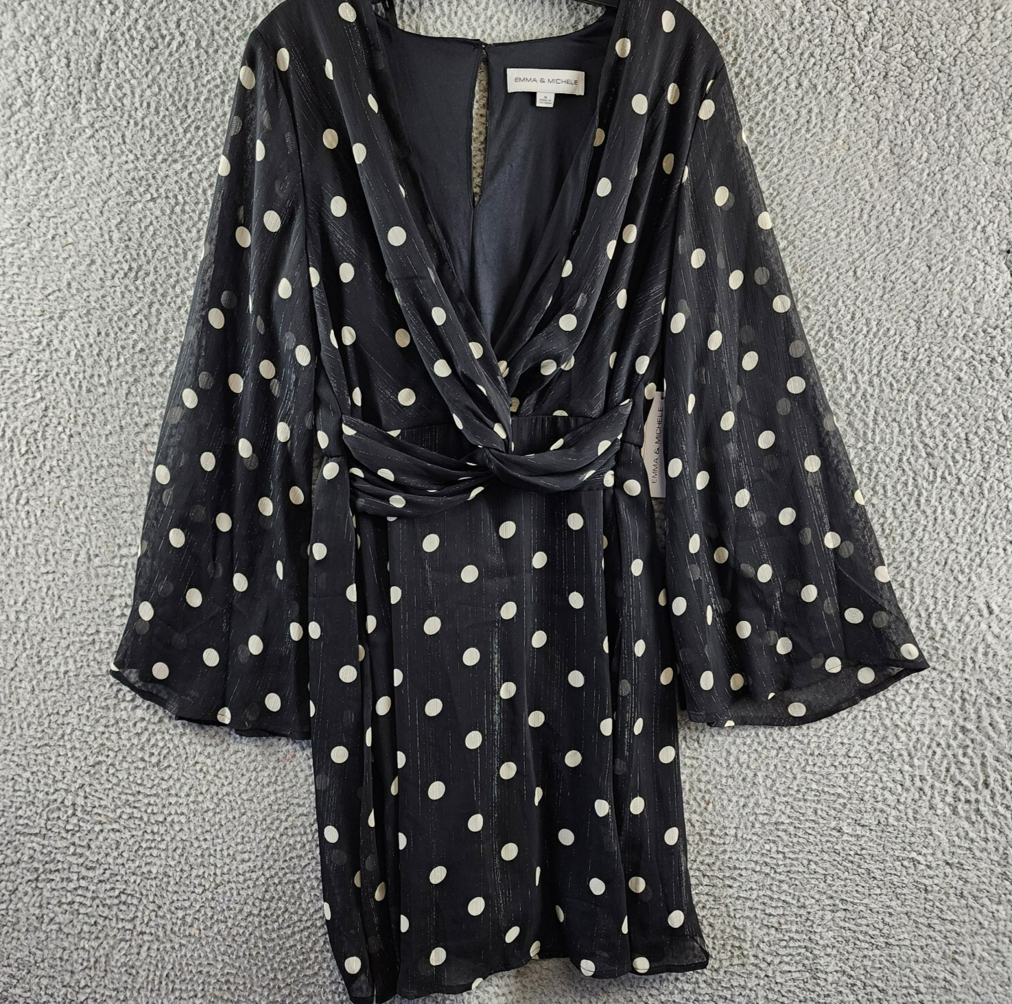 Emma & Michelle Faux Wrap Dress Women's M Black/White Dot Snap Front Button Back - Picture 1 of 11
