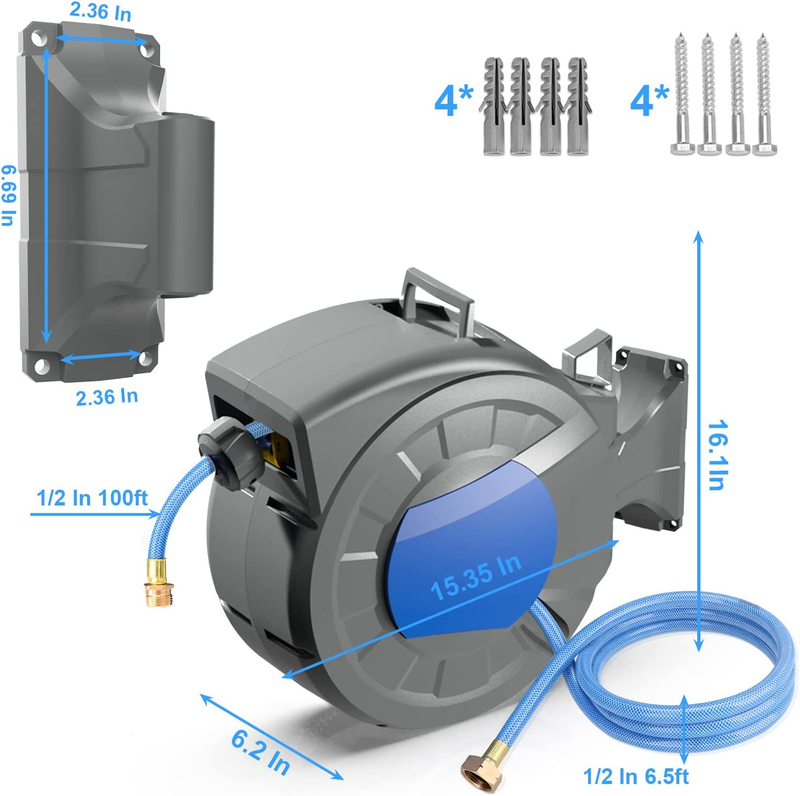 Retractable Garden Hose Reel Wall Mount 1/2" X 100 Ft + 6.5 Ft Water Hose with R