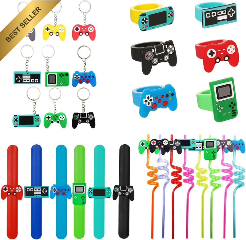 24Pcs Retro Game Decor Set - 6 Keychains, 6 Straws, 6 Snap Bracelets, 6 Rings, C