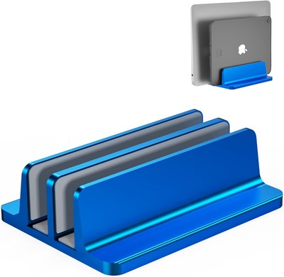 Vertical Laptop Stand, Adjustable 2 Slot Aluminum Desktop Holde(Up to Blue 