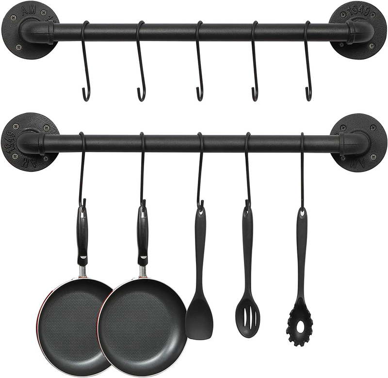 Set of 2 POT PAN RACK Utensils Wall Hanger Iron Pipe Kitchen Hanging Rail NEW