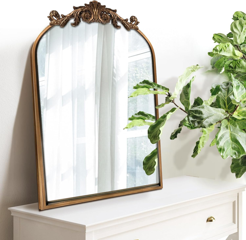 Antique Mirror,Gold Traditional Vintage Ornate Baroque Arched Brass Wall Mounted Mirrors for Entryway/Fireplace/Living Room/Hallway/Bathroom 19