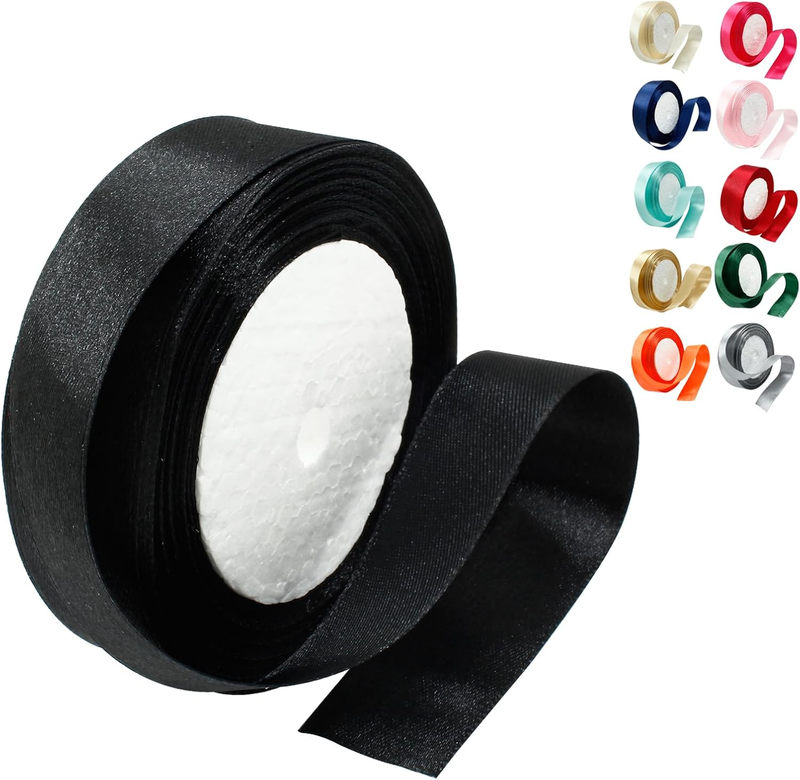 Black Satin Ribbon - 1 Inch X 25 Yards, Perfect for Wedding Bouquets, Gift Wrapp