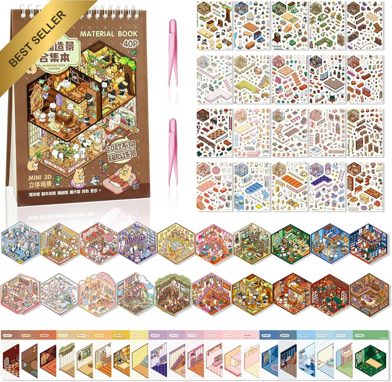 20 Sets 3D Sticker Scene Book, Fun Cute Cartoon Sticker Room Scene Book | 3D Hou