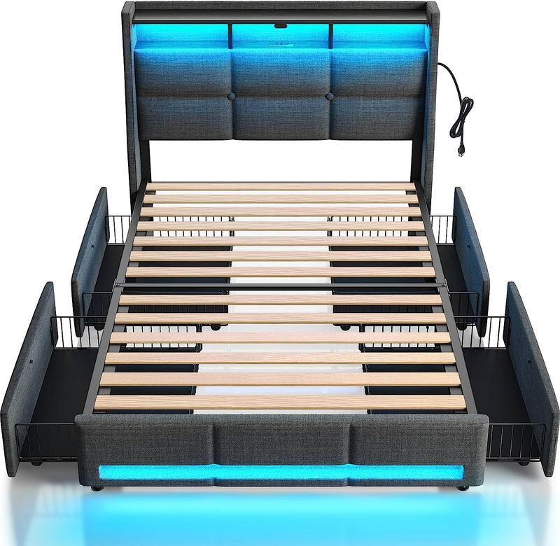 LED Twin Bed Frame with Charging Station, Upholstered Headboard, Storage Drawers