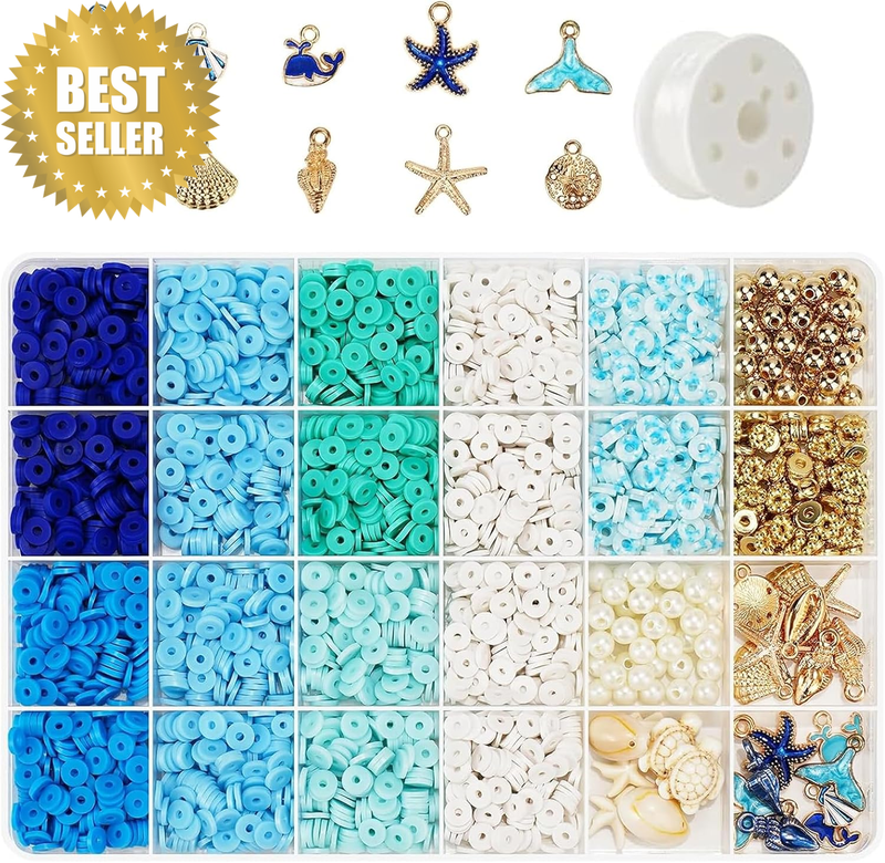 Blue Clay Beads for Jewelry Making, 3000+Pcs Bracelet Kit with Elastic String an