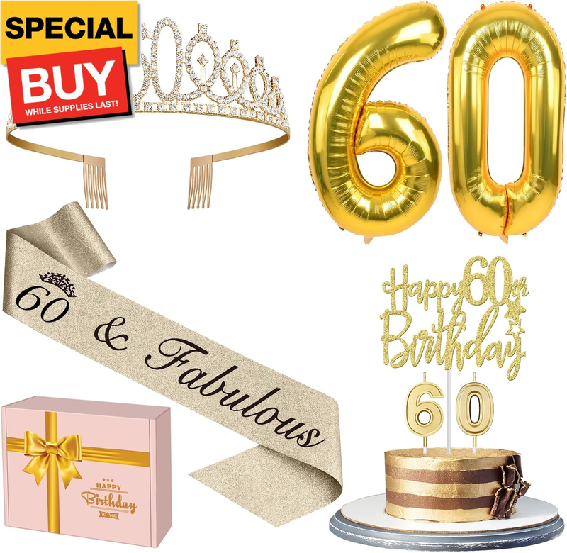 60th Birthday Decorations for Women Gold with 60th Birthday Sash and Tiara, Cake Topper and Candles,Number Balloons, 60 Year Old Gifts for Women