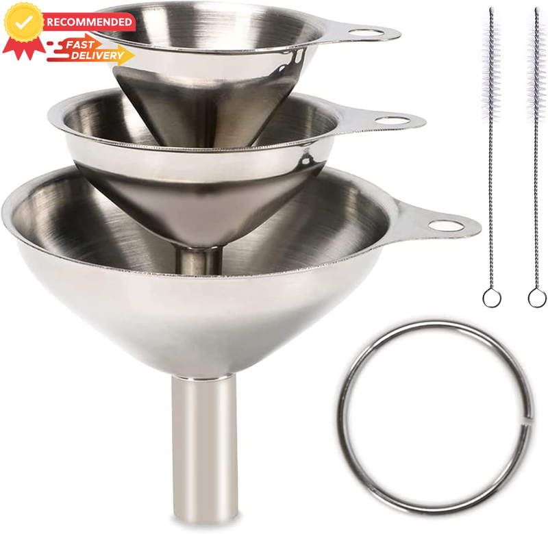 Stainless Steel Funnel Set - 3 Pack Metal Funnels for Cooking Oils & Liquids