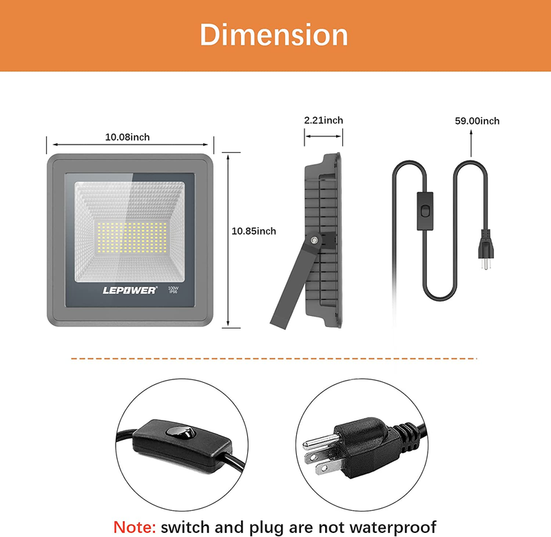 100W LED Flood Light, 10000Lm Work Light with Plug, Equiv 500W Halogen, 6000K Wh