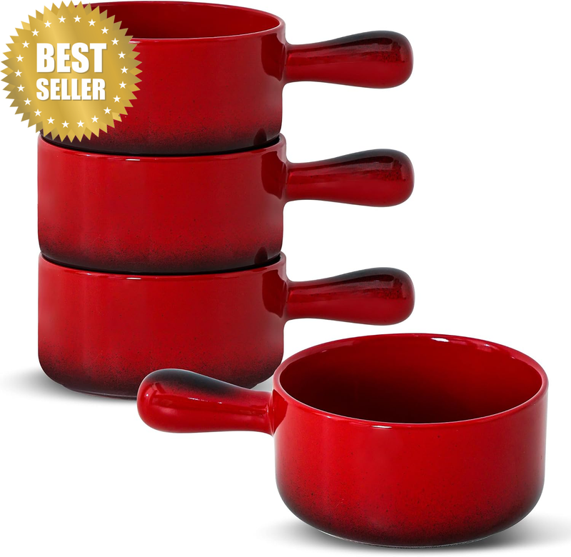 French Onion Soup Bowl with Handle, Oven-Safe, 4-Piece Set Dishwasher and Microw