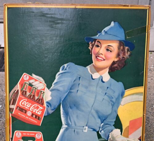 Original 1941 Coca Cola Sign Woman at Store With Bottles Six Pack Coke Soda Old