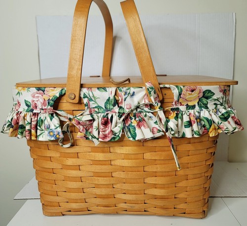 1998 Longaberger Picnic Basket Large Double Handles Floral Liner NO INSERT SHELF