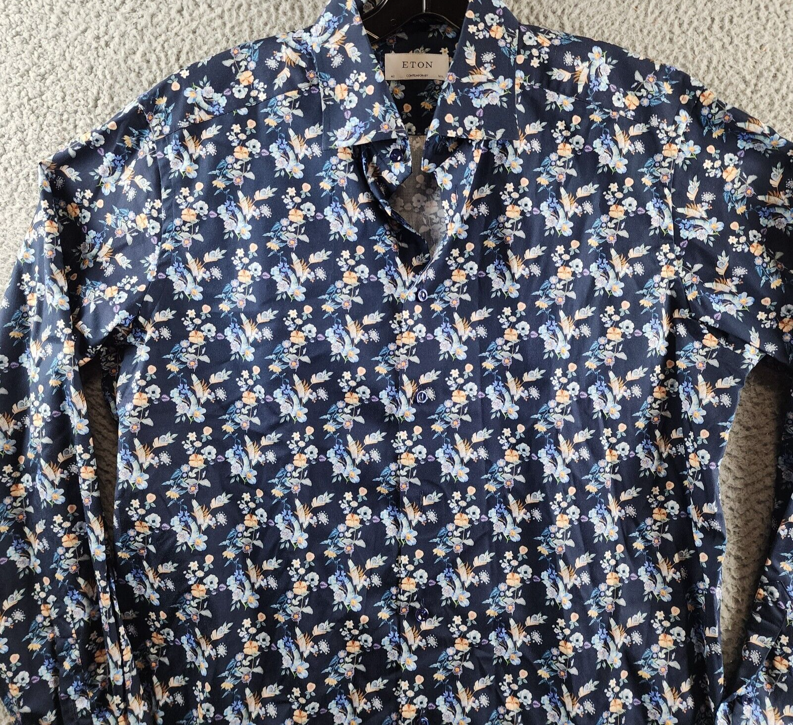 Eton Contemporary Fit Floral Print Dress Shirt Men's 42/16.5 Navy Long Sleeve - Picture 4 of 13