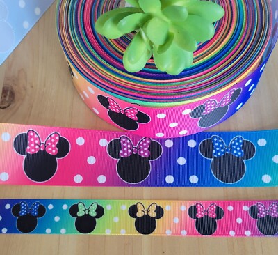 7/8, 1.5 & 3  (1 YD) Minnie Mouse Grosgrain Ribbon Rainbow Polka Dot Hair Bow