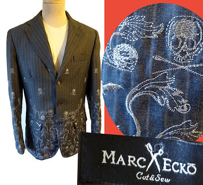 Marc Ecko Cut and sew Gothic SKull embroidered punk coat patch jacket MOD steam