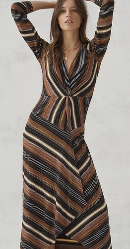 

Anthropologie Maeve Полосатое платье миди с запахом и запахом Черный с узлом Желто-коричневый белый  NWT, Black tan white
