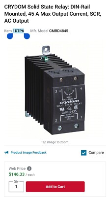 CRYDOM Solid State Relay: DIN-Rail Mounted, 45 A Max Output Current, SCR, AC...