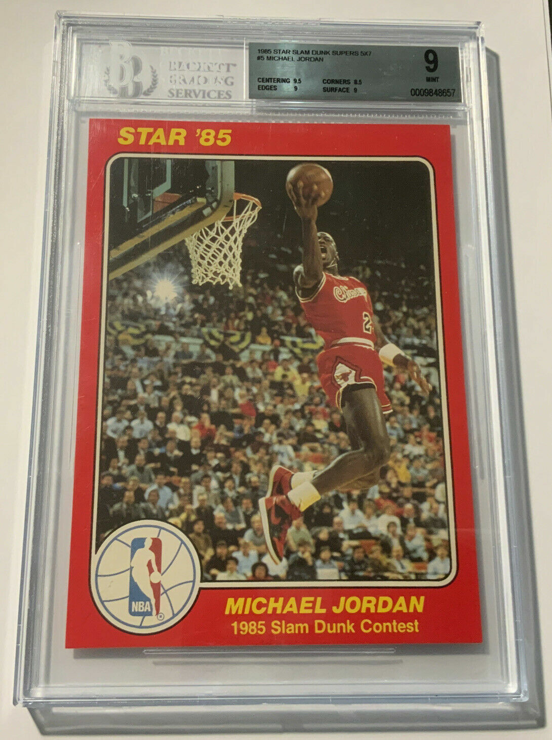 1985 STAR Michael Jordan Slam Dunk Supers 5x7 #5 BGS 9 MINT 1985 STAR Michael Jordan Slam Dunk Supers 5x7 #5 BGS 9 MINT