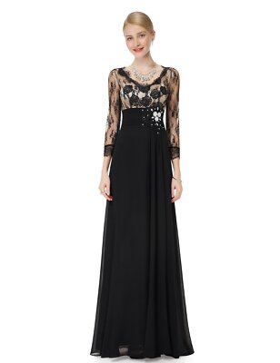 Ever Pretty black Lace 3/4Sleeve Rhinestone Crystal V-Neck Evening Dress UK8&10