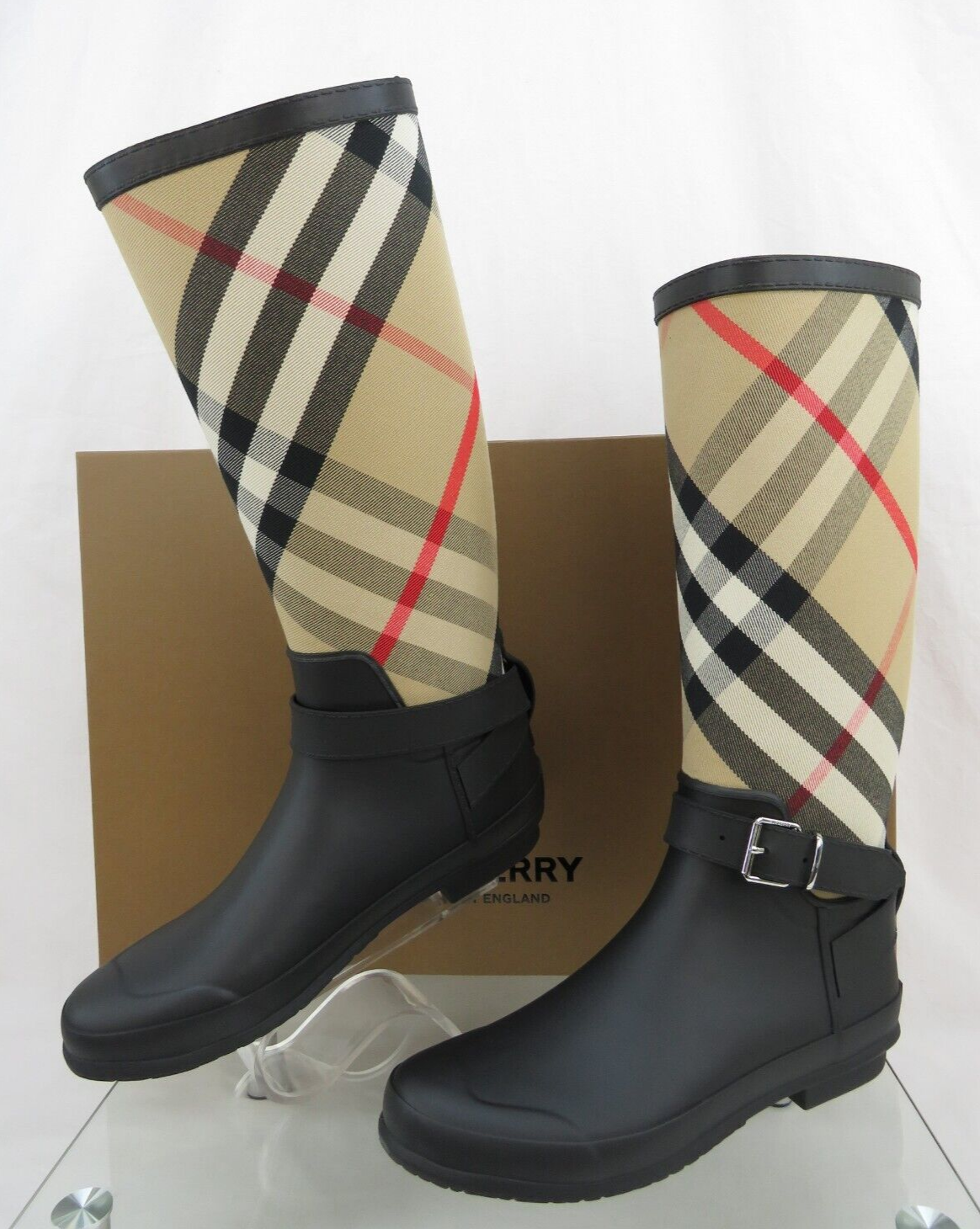 Pre-owned Burberry Simeon Black Rubber Beige Check Logo Knee High Rain Boots Us 10 Eu 40