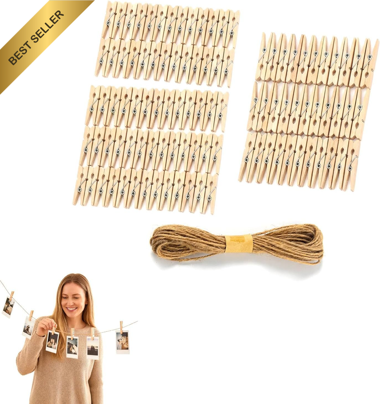 150Pcs Mini Wooden Pegs (Including 2 Different Sizes) with 10M Jute Twine, Small