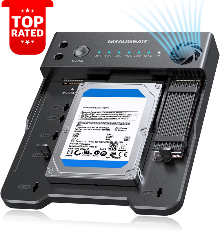 M.2 NVMe SATA SSD HDD Docking Station USB-C 10Gbps Cloning Tool-Free Cooling Fan